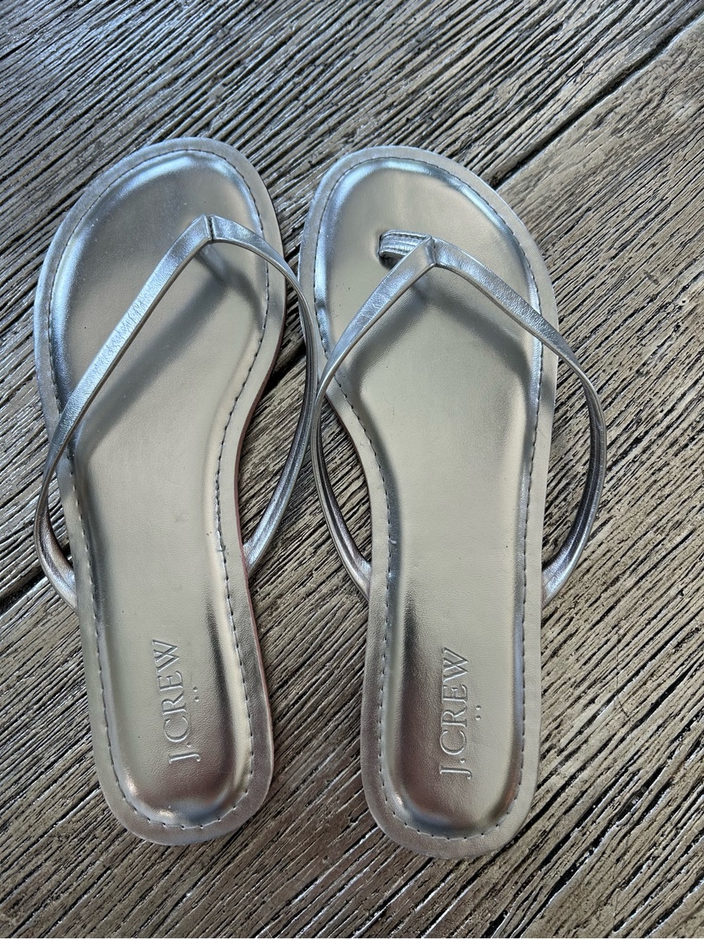 J. Crew Metallic Silver Leather Flip Flop Sandals